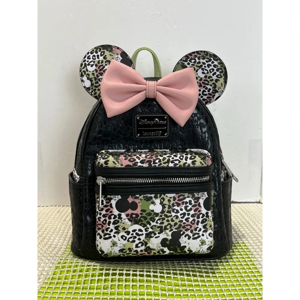 Disney Parks Loungefly Minnie Mouse Leopard Print Mini Backpack Black Pink NEW